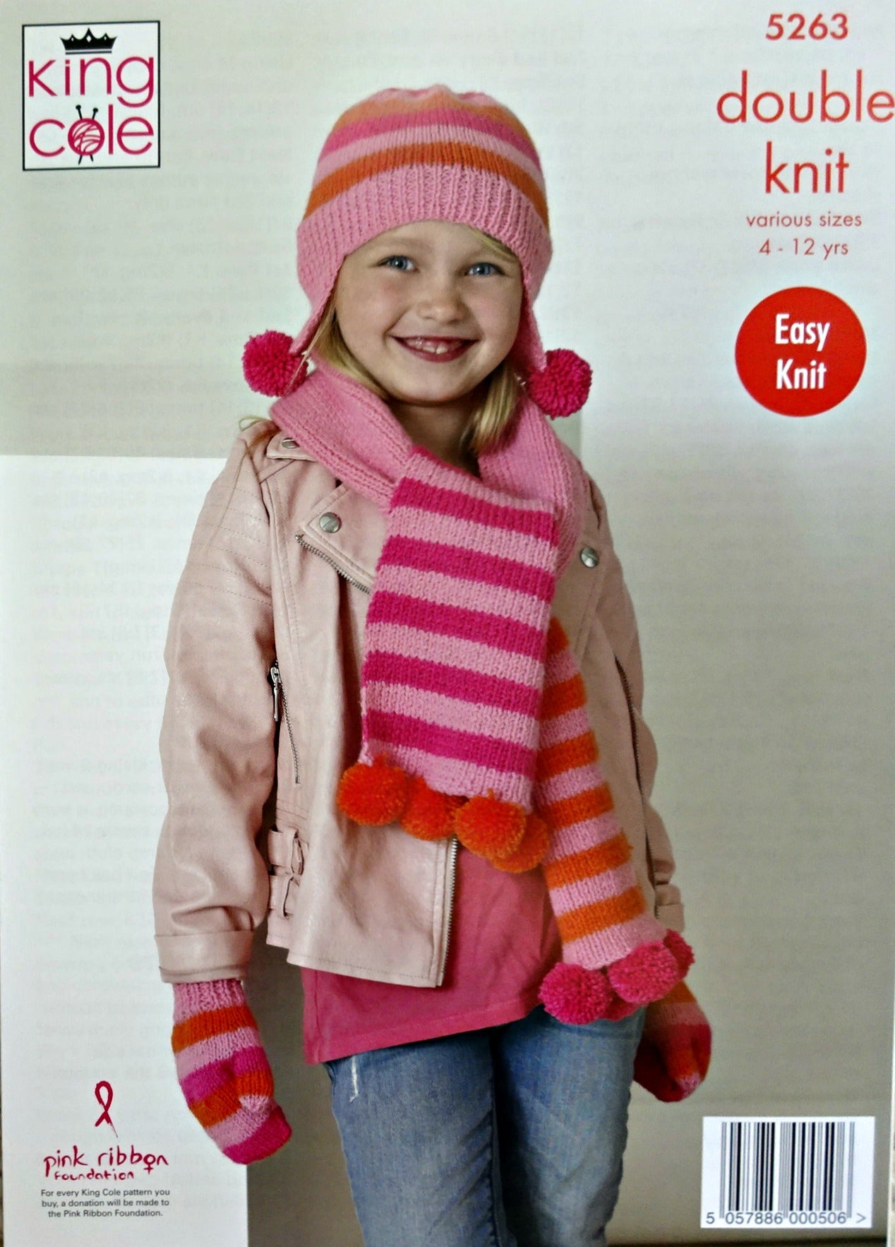 DIGITAL Knitting Pattern Childrens Easy Knit Striped Helmet Scarf Mitts DK KingCole 5263