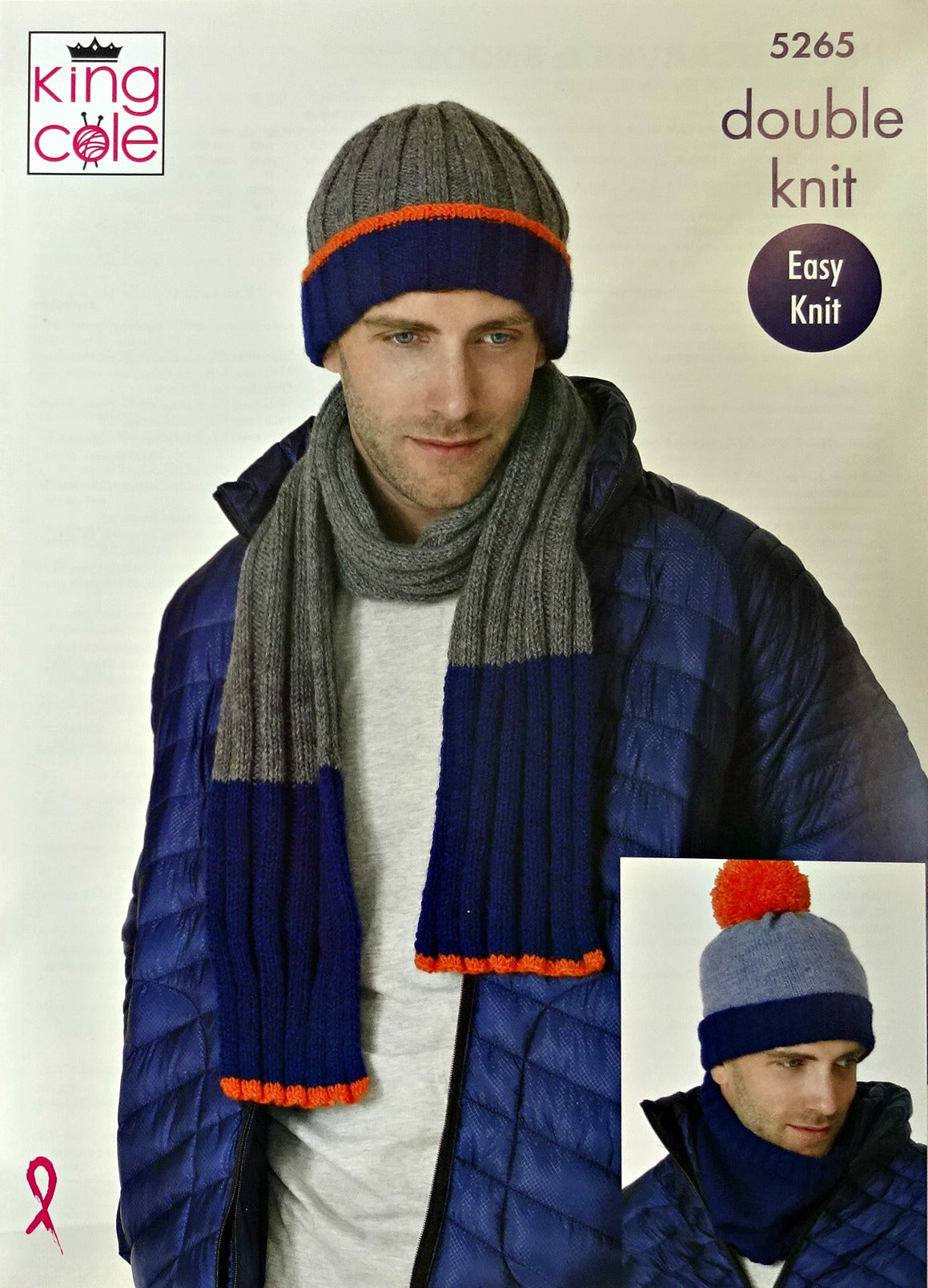 DIGITAL Knitting Pattern Mens Easy Knit Ribbed Hat Scarf Cowl DK King Cole 5265