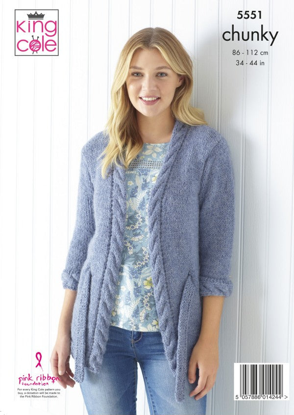 DIGITAL Knitting Pattern Ladies Cable Hem Jumpers and Jacket Chunky 5551 King Cole