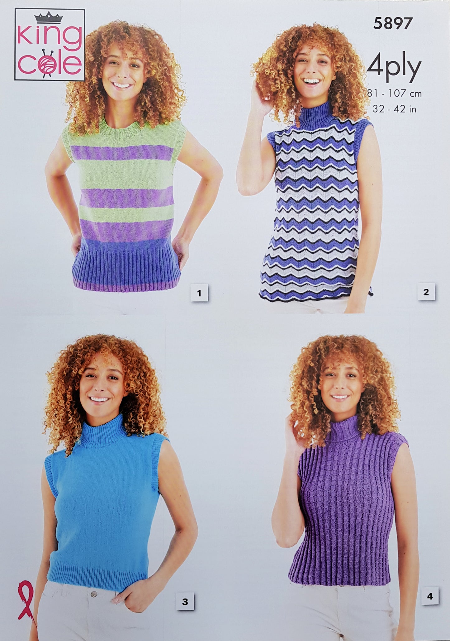 DIGITAL Knitting Pattern Ladies Sleeveless Tops 4 Designs in Cotton 4ply 5897 King Cole
