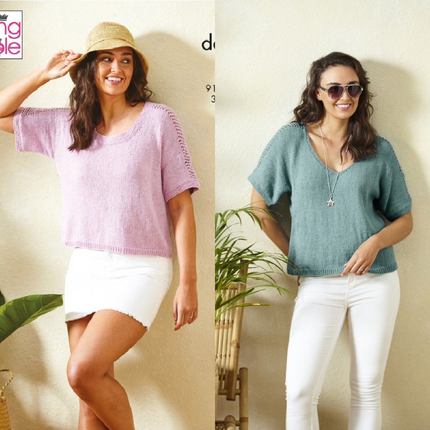 DIGITAL Knitting Pattern Ladies Easy Knit Round or V-Neck Tops Linendale DK 5987 King Cole