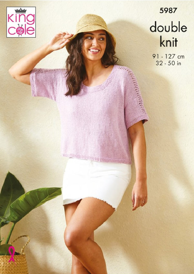 DIGITAL Knitting Pattern Ladies Easy Knit Round or V-Neck Tops Linendale DK 5987 King Cole