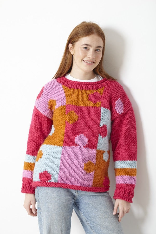 DIGITAL Knitting Pattern Mens/Ladies Jigsaw Design Jumper Super Chunky King Cole 6005