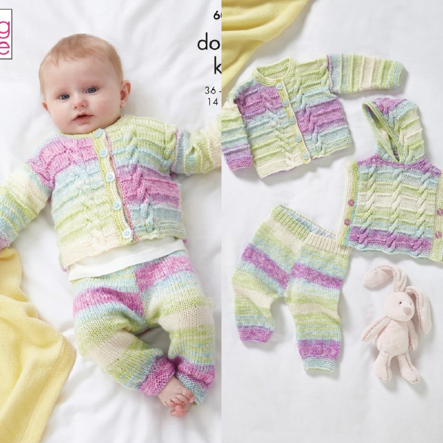 DIGITAL Knitting Pattern Baby Hooded Cable Tabbard, Cardigan & Trousers DK King Cole 6030