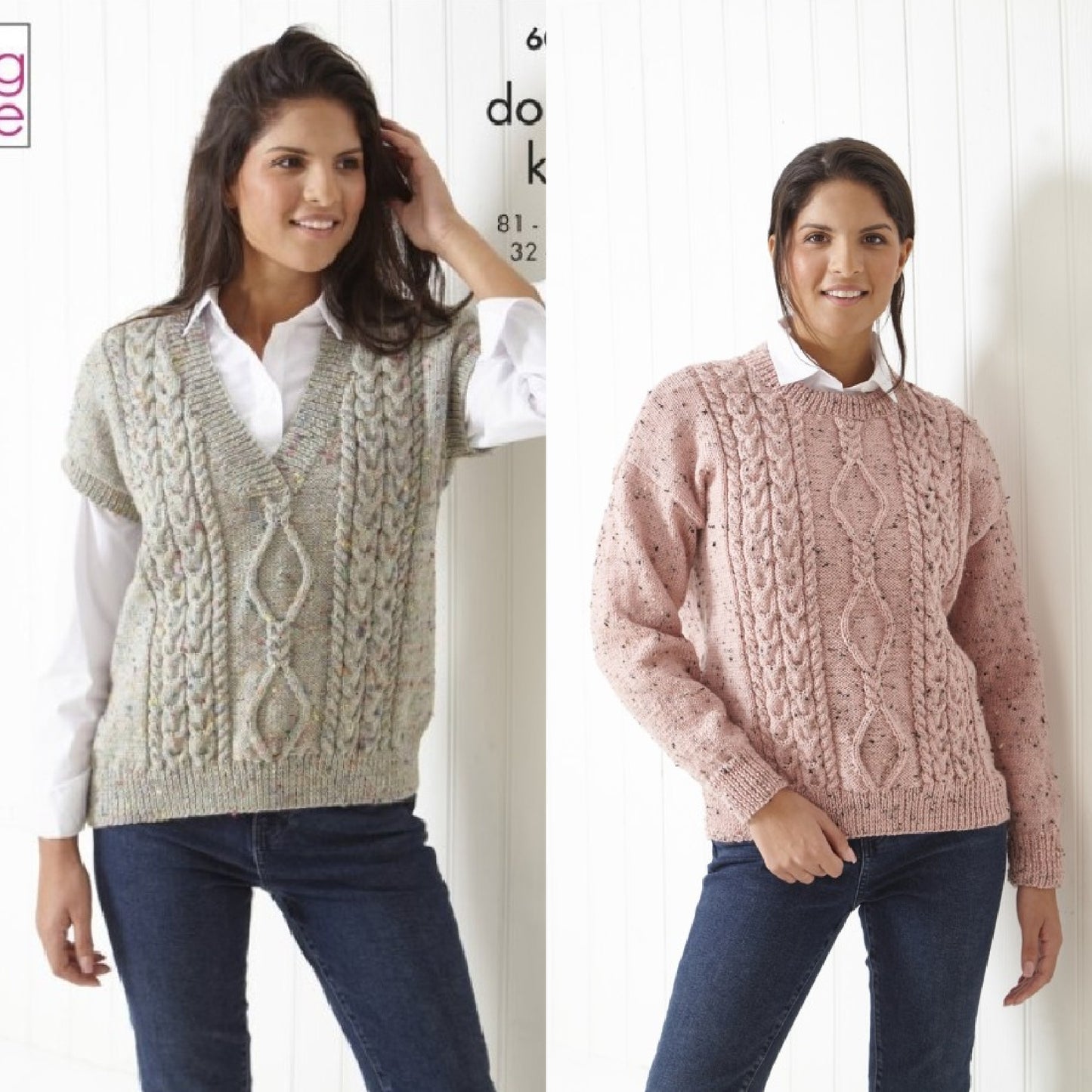 DIGITAL Knitting Pattern Ladies Round Neck Cable Jumper & Slipover DK King Cole 6035