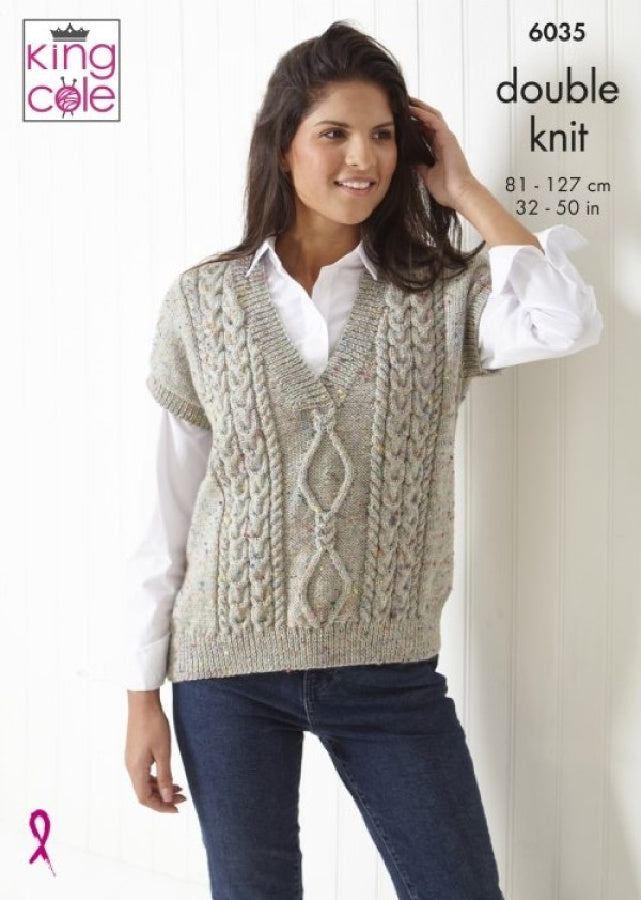 DIGITAL Knitting Pattern Ladies Round Neck Cable Jumper & Slipover DK King Cole 6035