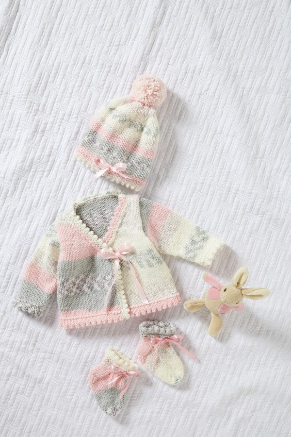DIGITAL Knitting Pattern Wrap-over Cardigan, Hat, Socks & Pinafore Dress Aran King Cole 6046