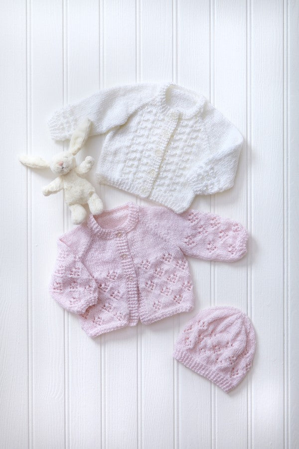 DIGITAL Knitting Pattern Baby Lacy or Textured Cardigans, Lacy Hat and Lacy Dress Glitz DK 6104 King Cole