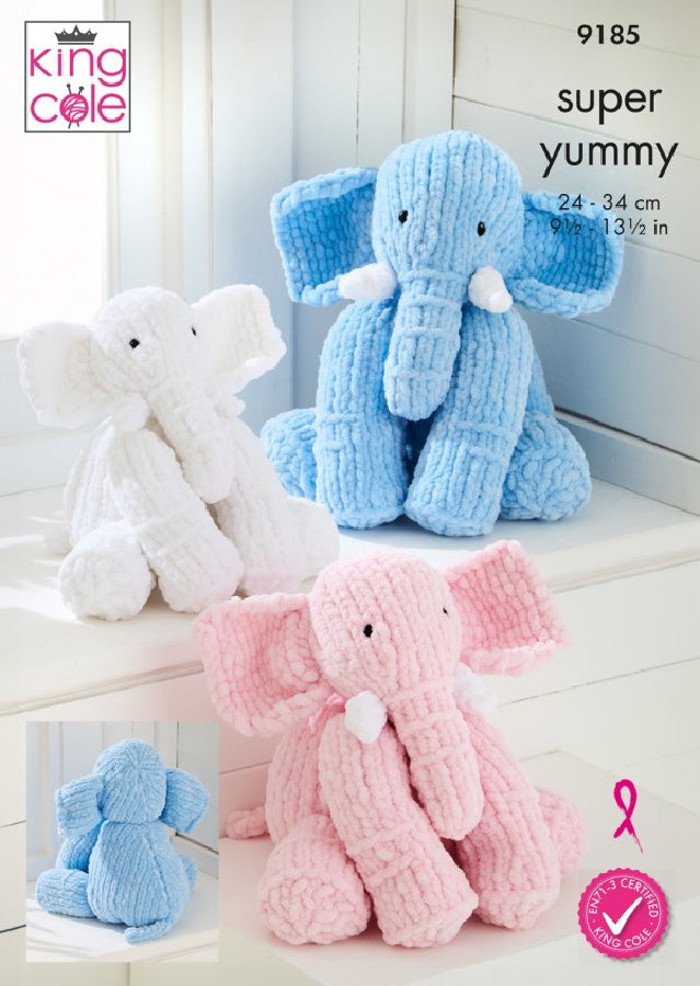 DIGITAL Knitting Pattern Elephant Toys 3 Sizes Super Yummy Chunky King Cole 9185