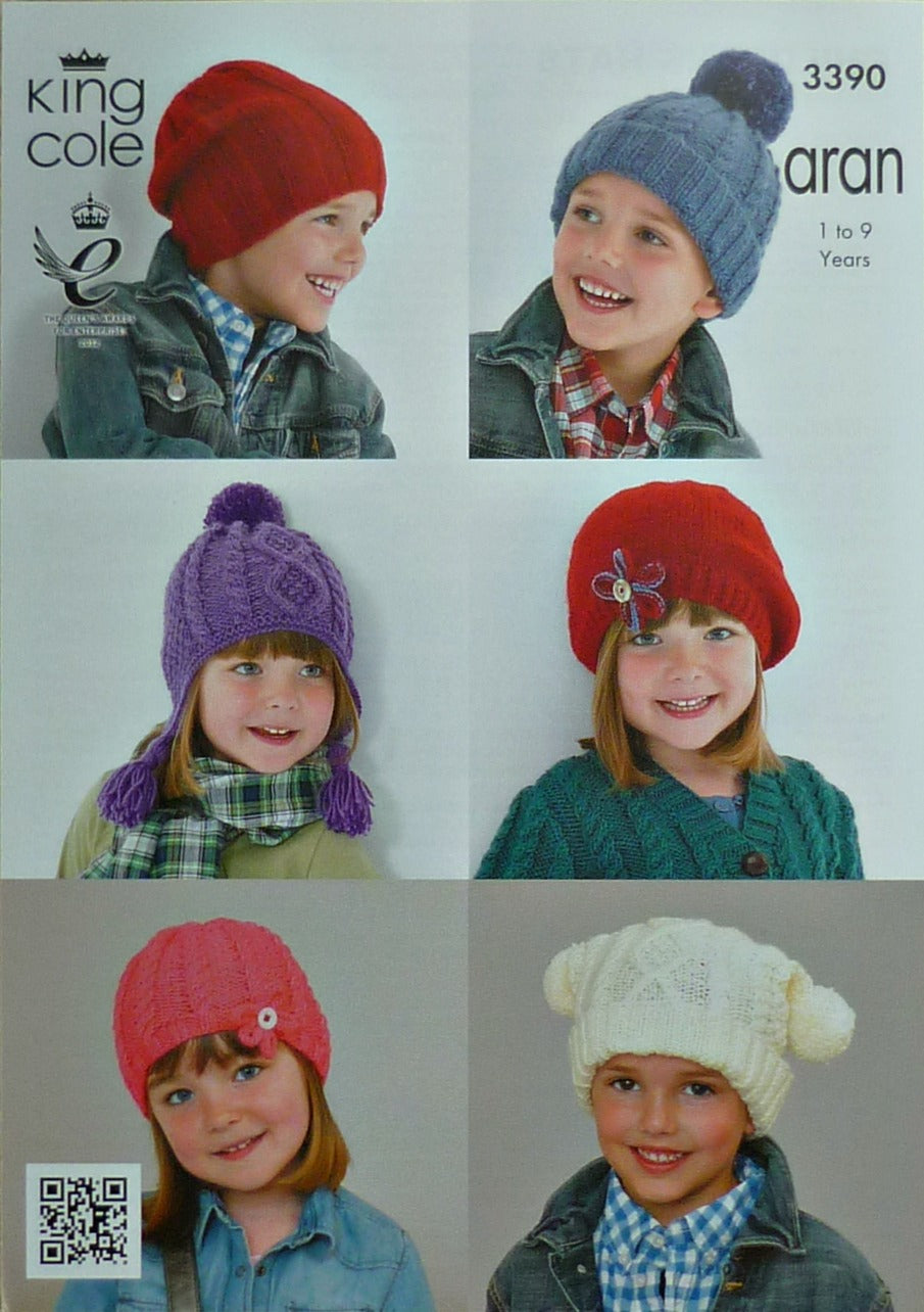 DIGITAL Knitting Pattern Childrens 6 Hats Beanie Bobble Beret Slouch Aran King Cole 3390