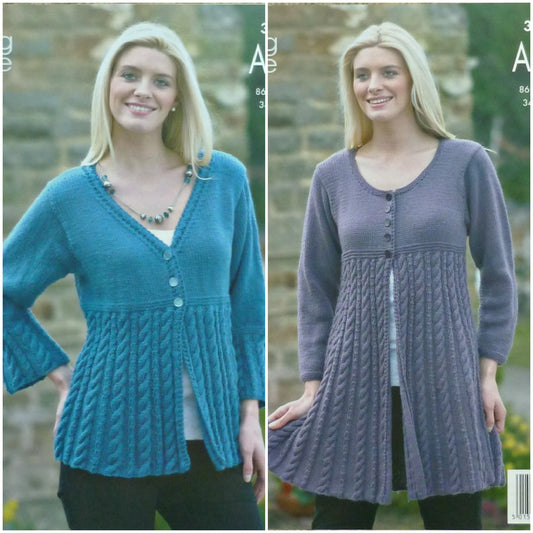 DIGITAL Knitting Pattern Ladies Cable Cardigan & Coat Dress Aran 3022