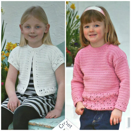 DIGITAL Crochet Pattern Girls Long Sleeve Lace Hem Jumper and Short Sleeve Bolero DK King Cole 3032