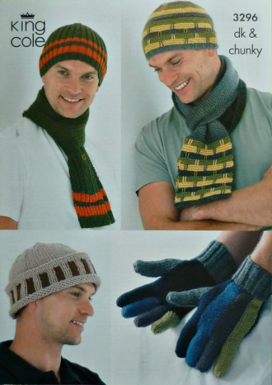 DIGITAL Knitting Pattern Mens Easy Knit Hats, Scarves and Gloves Chunky DK King Cole 3296