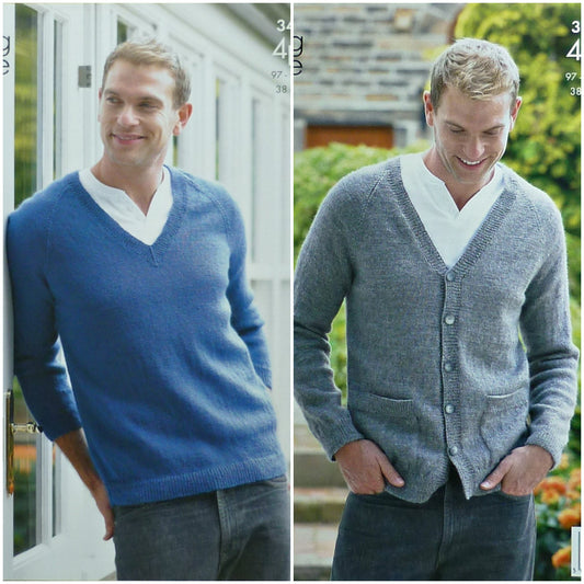 DIGITAL Knitting Pattern Mens V-Neck Jumper and Cardigan 4ply King Cole 3420