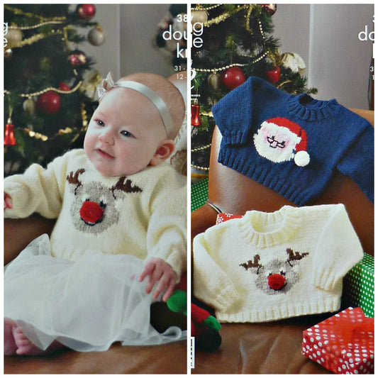 DIGITAL Knitting Pattern Baby Rudolph & Father Christmas Jumpers DK King Cole 3804