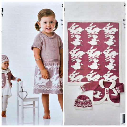 DIGITAL Knitting Pattern Girls Rabbit Dress, Hat, Blanket & Jacket DK King Cole 3860