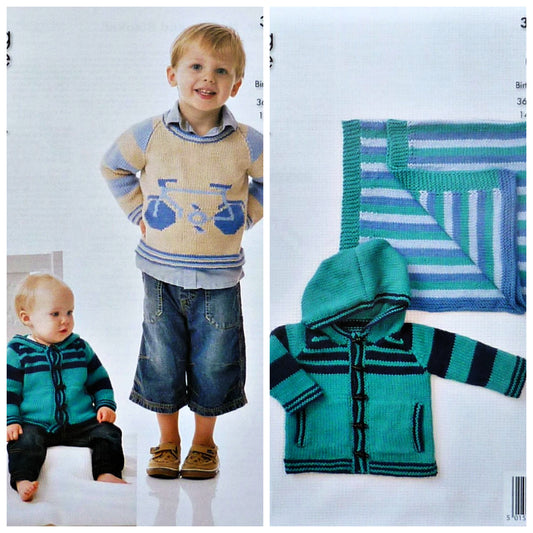 DIGITAL Knitting Pattern Children's Bicycle Jumper, Striped Blanket & Hooded Jacket DK King Cole 3861