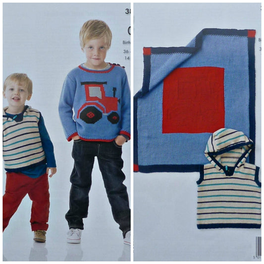 DIGITAL Knitting Pattern Boys Tractor motif Blanket, Hoodie and Jumper DK King Cole 3862