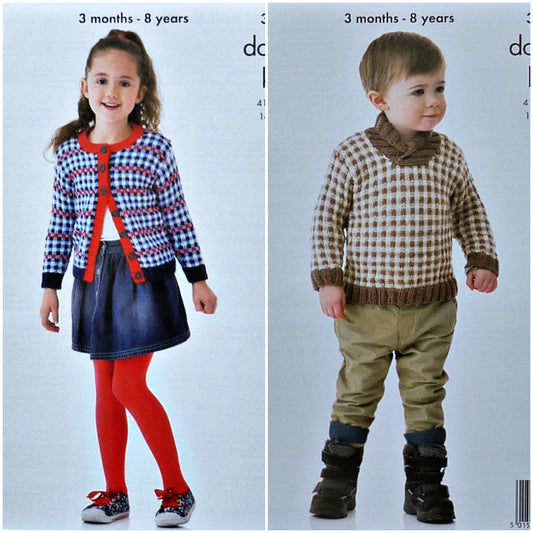 DIGITAL Knitting Pattern Childrens Checked Cardigan and Jumper DK King Cole 3910