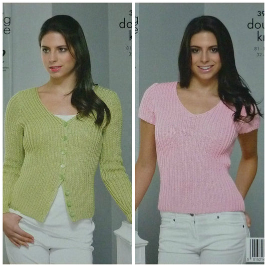 DIGITAL Knitting Pattern Ladies Skinny Rib Jumper and Cardigan Smooth DK King Cole 3941