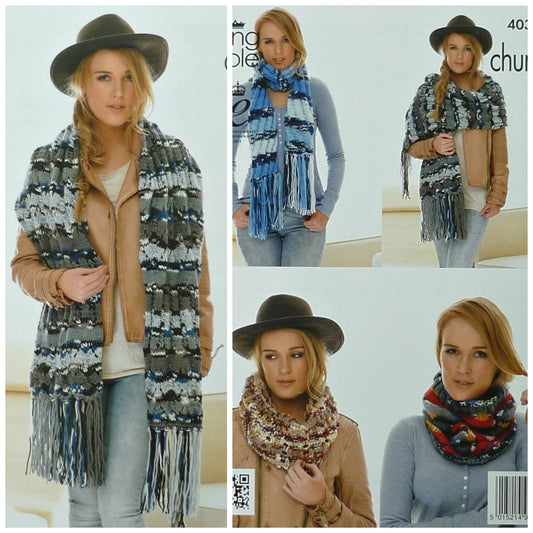 DIGITAL Knitting Pattern Ladies Snoods, Scarf & Shawl Chunky King Cole 4031