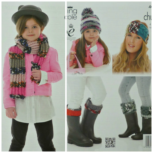 DIGITAL Knitting Pattern Ladies/Childrens Hat, Headband, Scarf & Welly Toppers Chunky King Cowl 4032