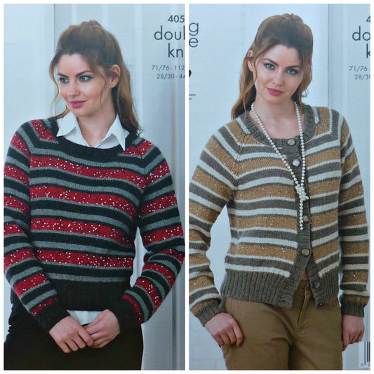 DIGITAL Knitting Pattern Ladies Jumper and Cardigan with Sequin Stripes DK King Cole 4054