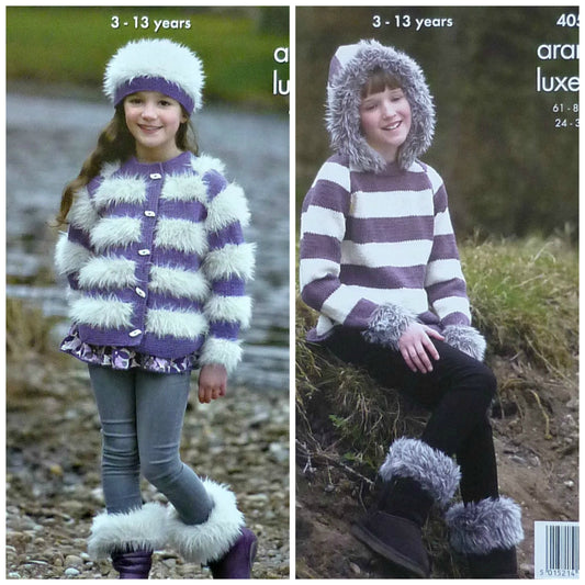 DIGITAL Knitting Pattern Girls Fur Edged Jacket, Hoodie, Hat & Boot Toppers Aran King Cole 4058