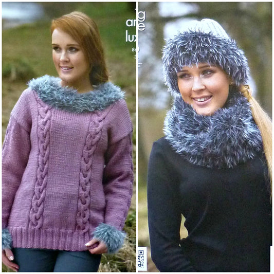 DIGITAL Knitting Pattern Ladies Fur Trimmed Cable Jumper, Hat & Fur Cowl Aran King Cole 4060