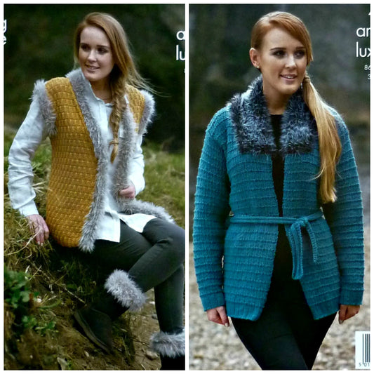 DIGITAL Knitting Pattern Ladies Fur Edged Waistcoat, Jacket & Boot Toppers Aran King Cole 4062