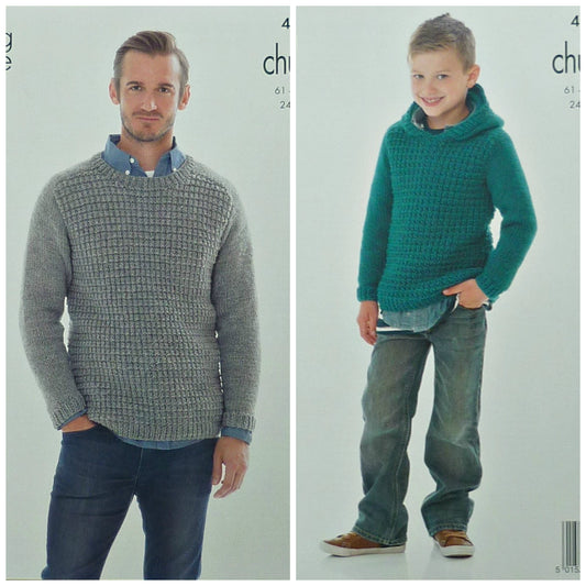 DIGITAL Knitting Pattern Mens/Boys Long Sleeve Round Neck/Hooded Jumper Chunky 4087