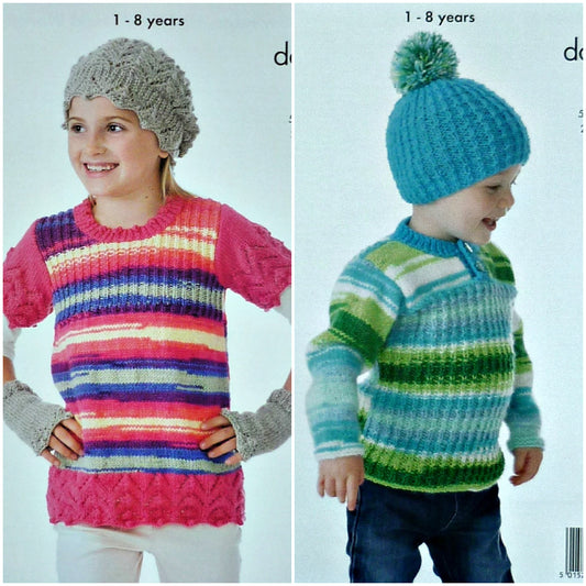 DIGITAL Knitting Pattern Childrens Lace Edged Tunic, Handwarmers Hat & Jumper DK 4096