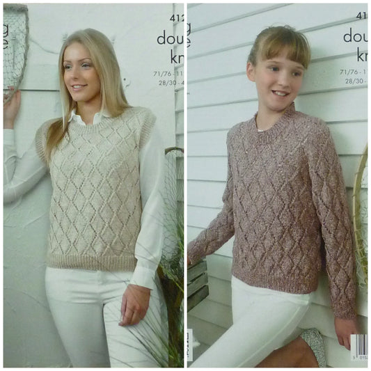 DIGITAL Knitting Pattern Ladies/Girls Long Sleeve/Sleeveless Diamond pattern Jumper DK King Cole 4127