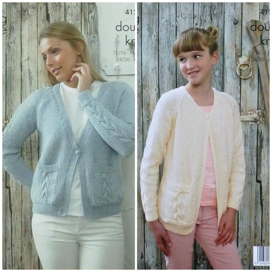 DIGITAL Knitting Pattern Ladies/Girls Round or V-Neck Cable Cardigan with Pockets DK King Cole 4128