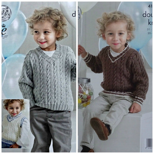 DIGITAL Knitting Pattern Boys Long Sleeve & Sleeveless Cable Jumpers DK King Cole 4148