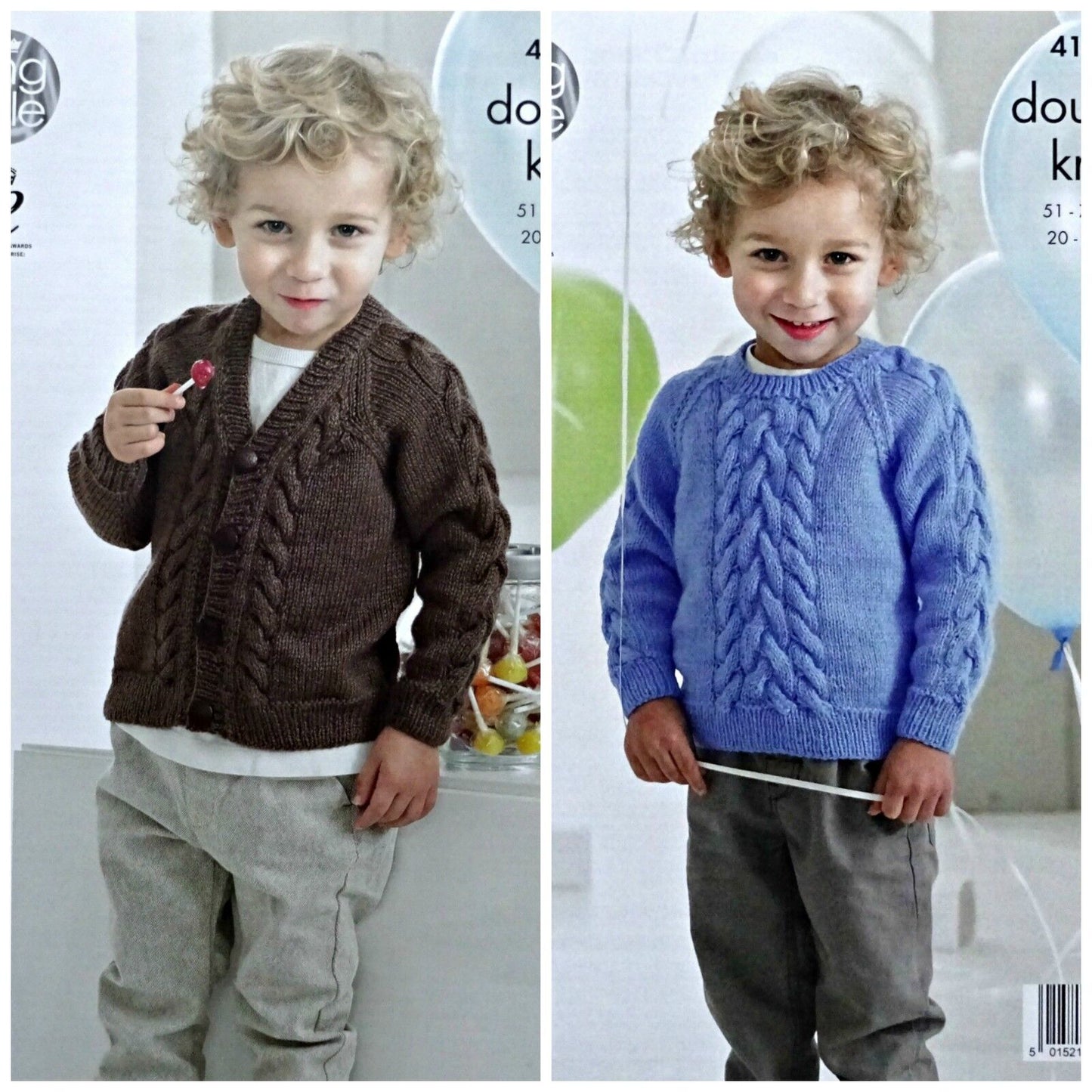 DIGITAL Knitting Pattern Boys Long Sleeve Cable Cardigan and Jumper DK King Cole 4149