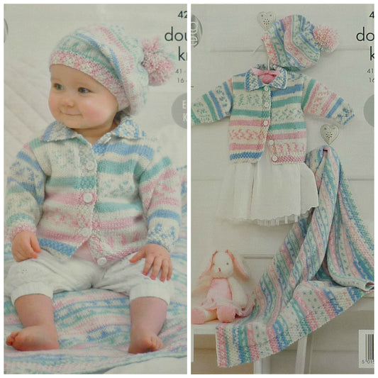 DIGITAL Knitting Pattern Baby Easy Knit Jacket withCollar Beret Blanket DK KingCole 4202