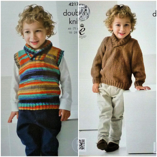 DIGITAL Knitting Pattern Boys Sleeveless or Long Sleeve Roll Collar Jumper DK King Cole 4217