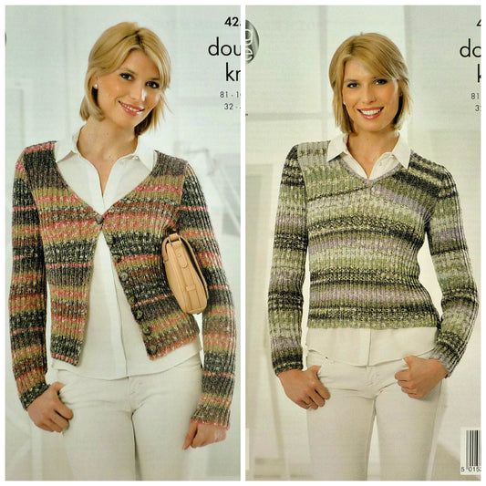 DIGITAL Knitting Pattern Ladies Skinny Rib Cardigan and Jumper Drifter DK King Cole 4258