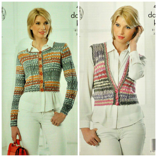 DIGITAL Knitting Pattern Ladies Short Cable Cardigan & Deep V-Neck Waistcoat Drifter DK King Cole 4259