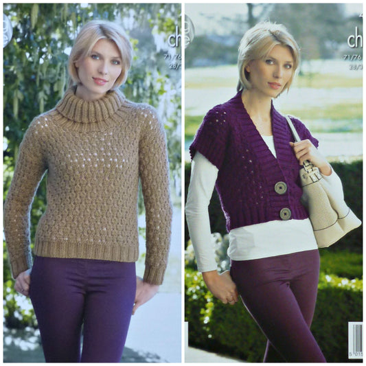 DIGITAL Knitting Pattern Ladies Cowl Neck Easy Lace Jumper and Waistcoat Chunky King Cole 4277