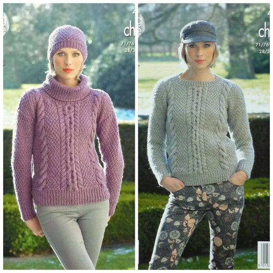 DIGITAL Knitting Pattern Ladies Cowl or Round Neck Cable Jumper & Hat Chunky King Cole 4281