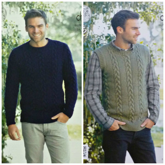 DIGITAL Knitting Pattern Mens Cable Jumper and Slipover Chunky 4282 King Cole