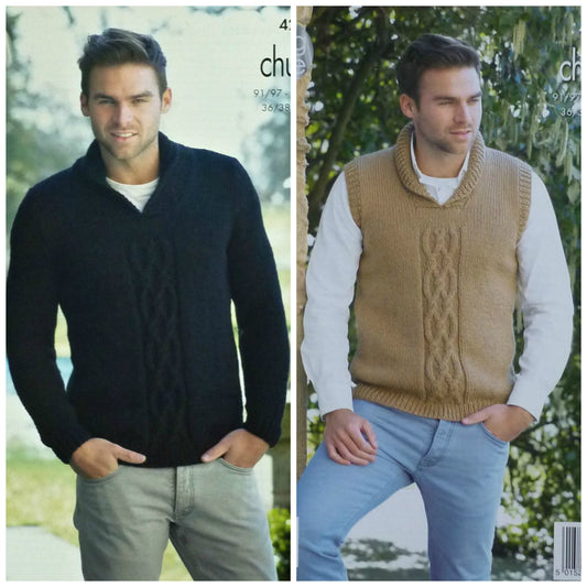 DIGITAL Knitting Pattern Mens Cable Jumper and Slipover Chunky 4283 King Cole