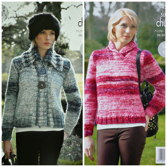 DIGITAL Knitting Pattern Ladies Easy Knit Short Jacket and Roll Collar Jumper Super Chunky King Cole 4288