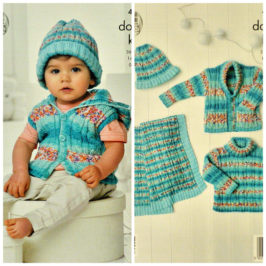 DIGITAL Knitting Pattern Hooded Waistcoat, Blanket, Jacket, Jumper & Hat DK King Cole 4310