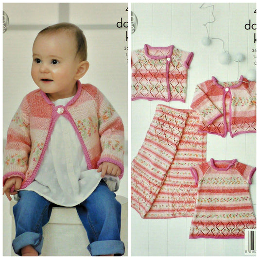 DIGITAL Knitting Pattern Baby Lace Cardigan, Blanket, Dress and Wrap Over Cardigan DK 4314