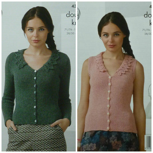 DIGITAL Knitting Pattern Ladies Lace Collar Cardigan & Waistcoat DK King Cole 4368