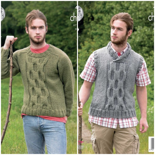 DIGITAL Knitting Pattern Mens Long Sleeve Cable Jumper & Slipover Chunky King Cole 4387