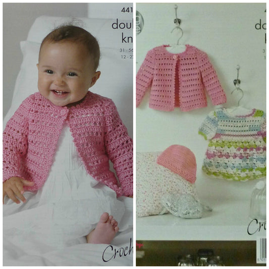 DIGITAL Crochet Pattern Baby Dress Cardigan and Hat DK King Cole 4416